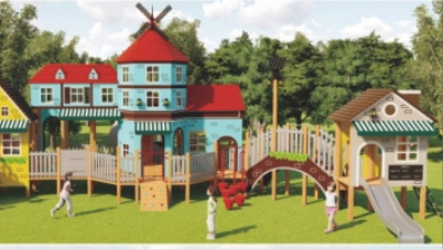 European Windmill Village Series Large Outdoor Playground Equipment | Theme Park Kids Play Structure with Cottage Houses, Bridge and Slide