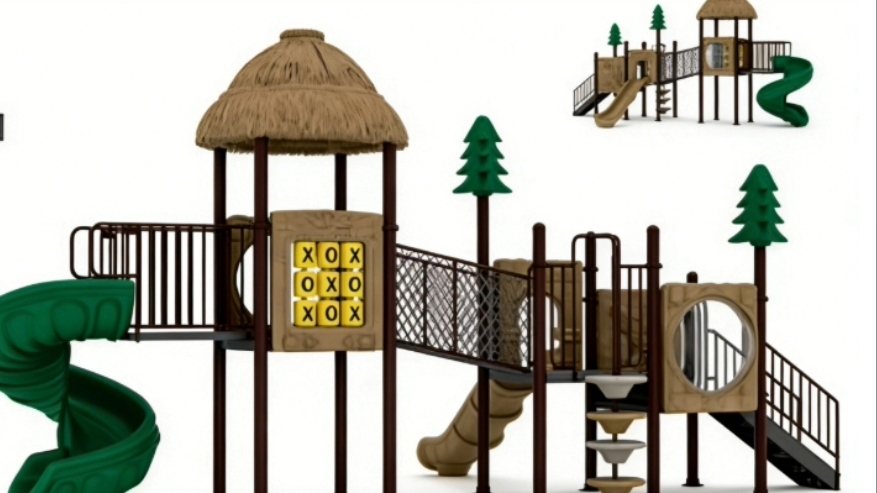  Nature-Inspired Forest Series Outdoor Playground Equipment | Eco-Friendly Wood-Grain Kids Play Structure with Spiral Slide for Parks and Schools