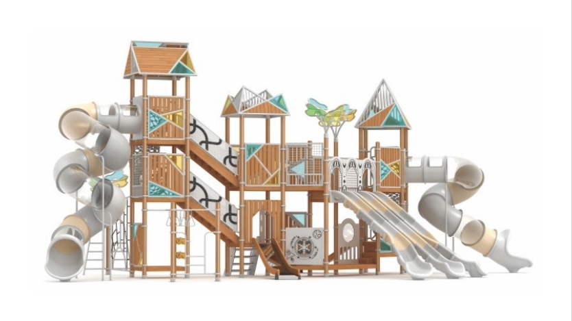  Modern Geometric Nature Series Outdoor Playground Equipment | Wood-Grain Kids Play Structure with Crawl Tunnel and Slides for Designer Parks
