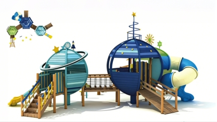 Space Explorer Rocket Series Wooden Outdoor Playground Equipment | Commercial Kids Play Structure with Giant Rocket Tower and Spiral Slide
