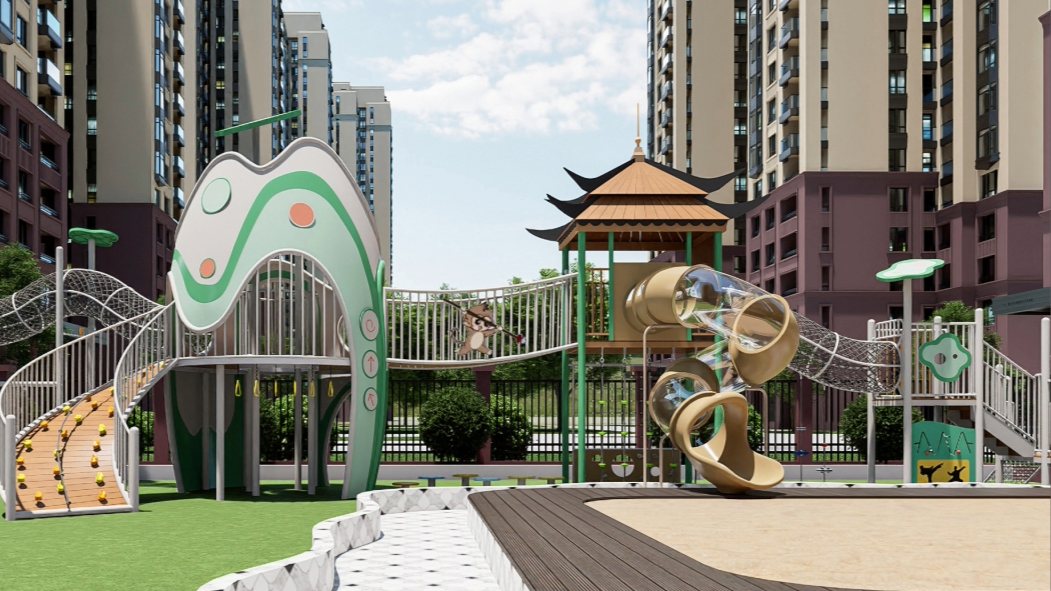 Chinese Style Themed Outdoor Playground Equipment - Custom Non-Powered Kids Play Set