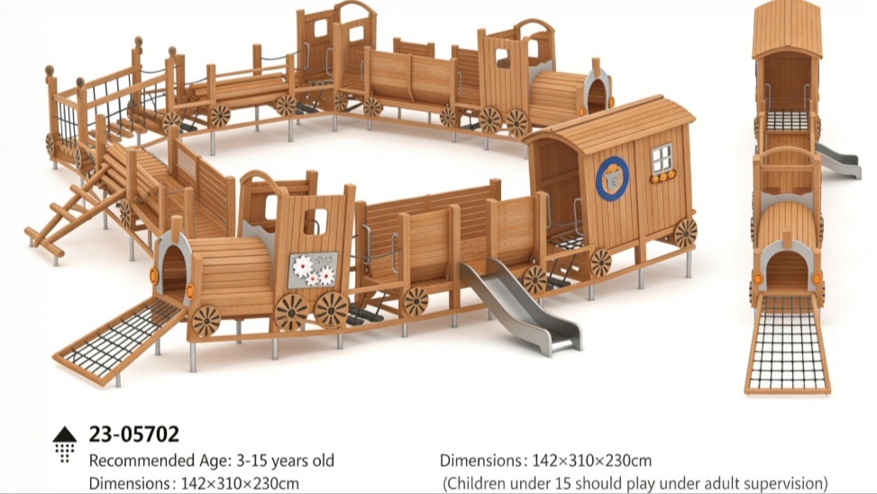 Adventure Steam Train Series Wooden Outdoor Playground | Commercial Grade Locomotive Kids Play Structure with Slide and Climbing Net for Parks