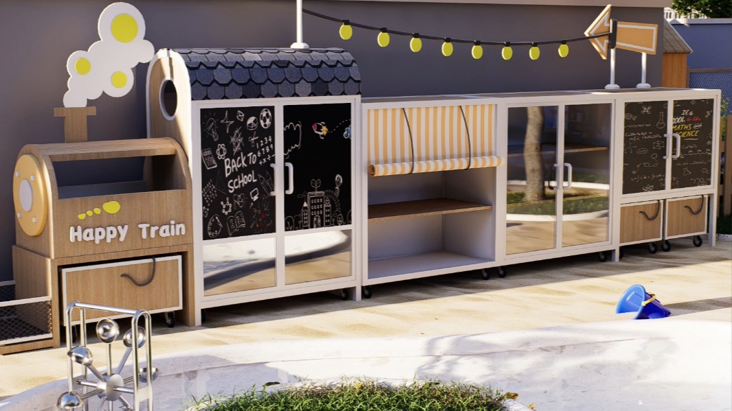Happy Train Outdoor Kids Storage Cabinet Set | Train-Themed Preschool Storage Solution