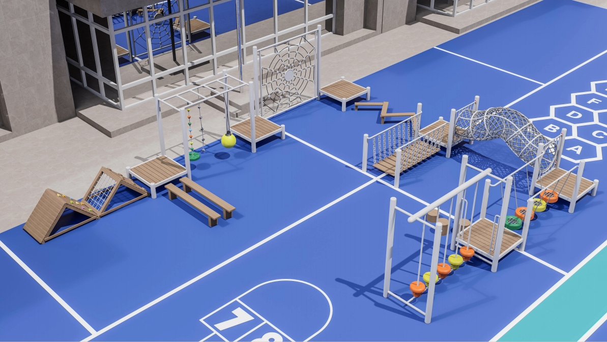 Outdoor Ninja Warrior Obstacle Course Equipment with Climbing Net and Balance Training for Kids