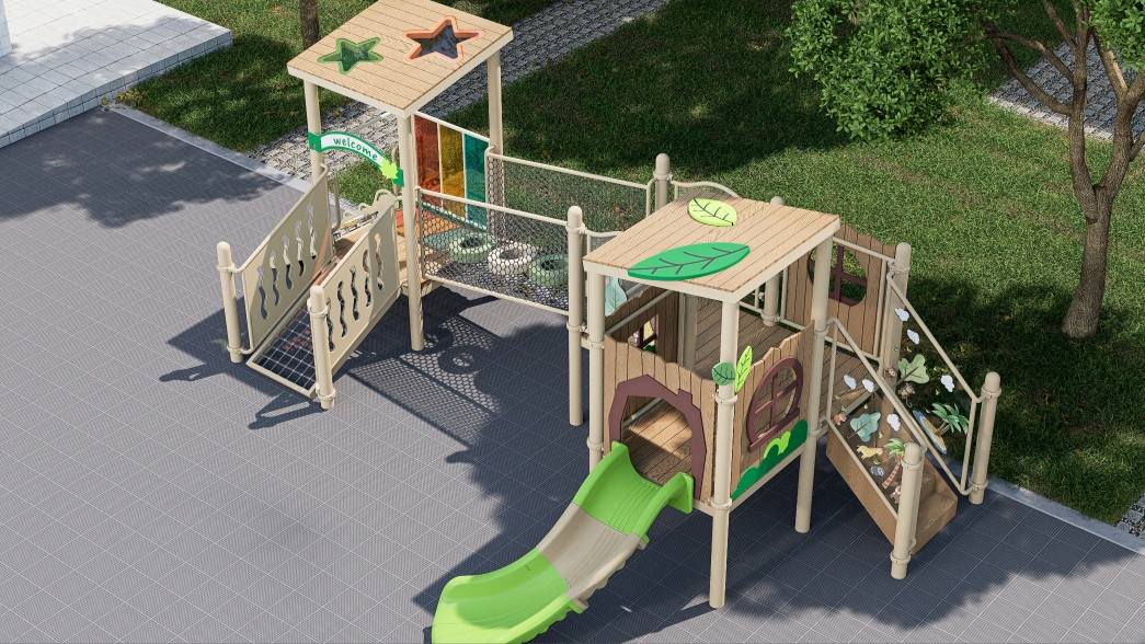 Forest Cottage Outdoor Playground with Slide and Net Bridge