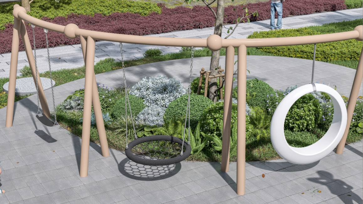 Modern Triple-Seat Outdoor Swing Set with Nest and Ring Seats