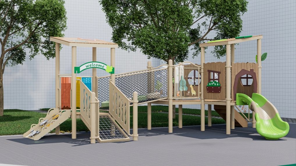 Custom Outdoor Wooden Style Playground Equipment with Slide and Climbing Activities for Kindergarten
