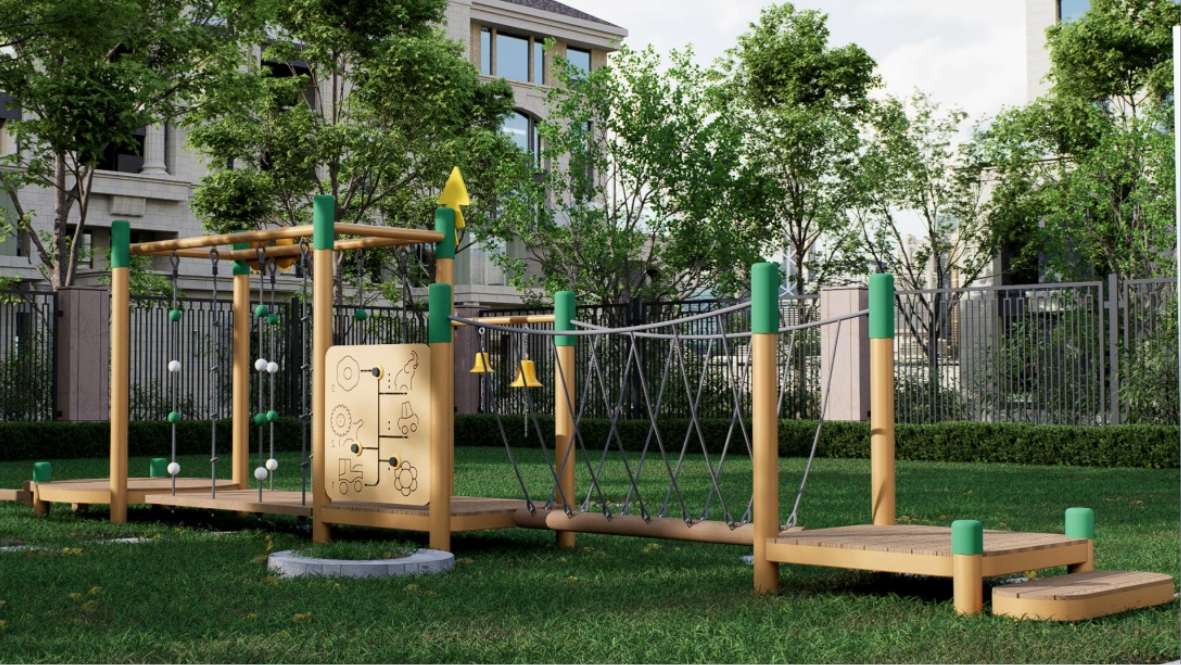 Modern Outdoor Adventure Playground Equipment with Climbing and Balance Challenges